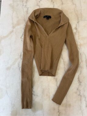 Say What? Ribbed V-Neck Long Sleeve Top - Camel